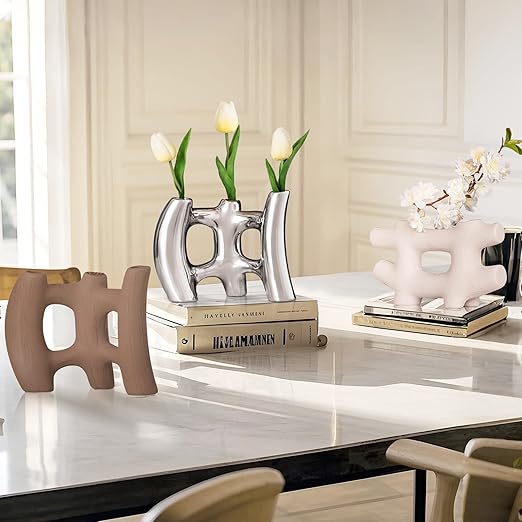 Silver Vases Home Decor, Irregular Ceramic Flower Vase, Wabi Sabi Decor Handmade Vase, Coffee Table Decor for Bedroom, Office, Living Room, Bathroom, Chrome Decorations