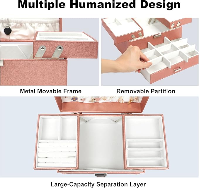 Dajasan Jewelry Organizer Box, Jewelry Box Organizer for Women Girls, 3 Layers Large Jewelry Storage Case for Earring, Rings, Necklaces Bracelets, Watch (Rose Gold)
