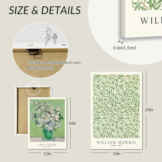 FASWQ Framed Monet Van Gogh William Morris Wall Art, Grass Botanical Wall Decor, Mid Century Impressionist Canvas Paintings, Modern Green Landscape Poster Print for Living Room Bedroom 16"x24"x3