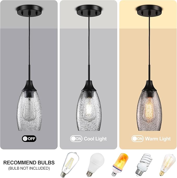 Mini Glass Pendant Light 1-Light 4.72" Handblown Black Seeded Clear Glass Shade,with Matte Black Metal Adjustable Cord Ceiling Light Fixture for Kitchen Island Sink