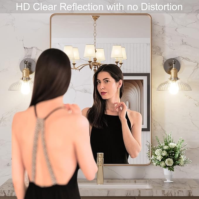 LOAAO 24”X36” Gold Bathroom Mirror, Rounded Rectangle Gold Frame Mirror, Brushed Gold Bathroom Vanity Mirror Wall-Mounted, Anti-Rust, Hangs Horizontally or Vertically