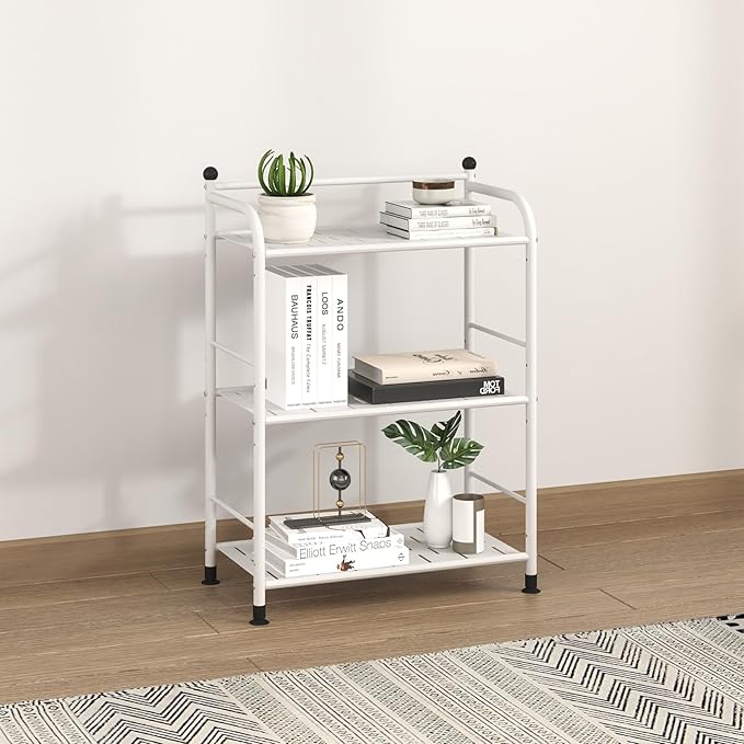 3 Tier Bathroom Storage Open Shelf Unit, Free-Standing Matte Metal Corner Rack Shelving for Kitchen, Living Room, Hallway (Matte White, 3 Tier)