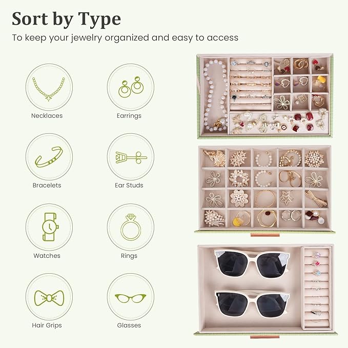 Dajasan Jewelry Organizer Box, Jewellery Boxes for Women, 3-Tier Jewelry Storage Organizer for Earring, Ring, Necklace, Bracelets (Avocado Green)