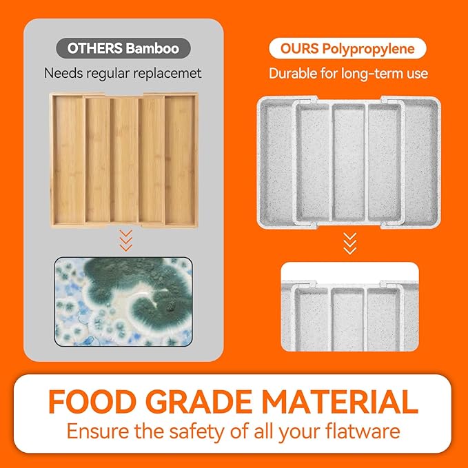 Expandable Large Silverware Organizer, Utensil Drawer Organizer for Kitchen Cutlery, Marble Design， Adjustable Cooking Utensil Tray, Plastic Spatula Tools and Gadgets Storage Divider, White