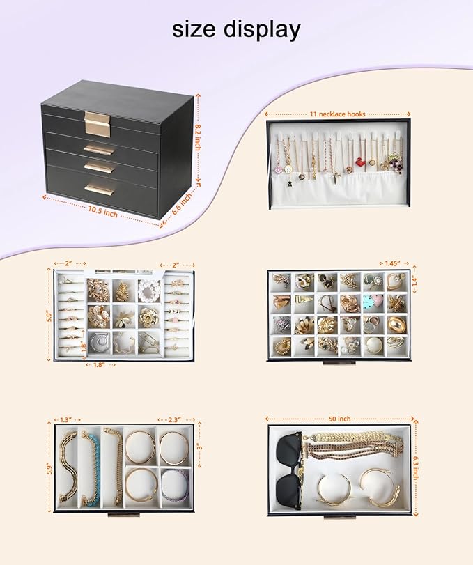 BOOVO Jewelry Boxes for Women, 5 Layer Jewelry Organizer with Necklace Hanger and Drawers, Large Jewelry Box for Earrings, Necklace and Bracelet Storage Gifts for Women and Girls (Black, 5 Layer)