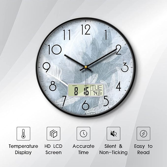 SCAOGE Digital Wall Mount Clock with Date Temperature Day White with Blue Feather Unique Silent Calendar Clocks Battery Operated Large Display Decorative for Bathroom Kitchen Office Bedrooms 14 Inch