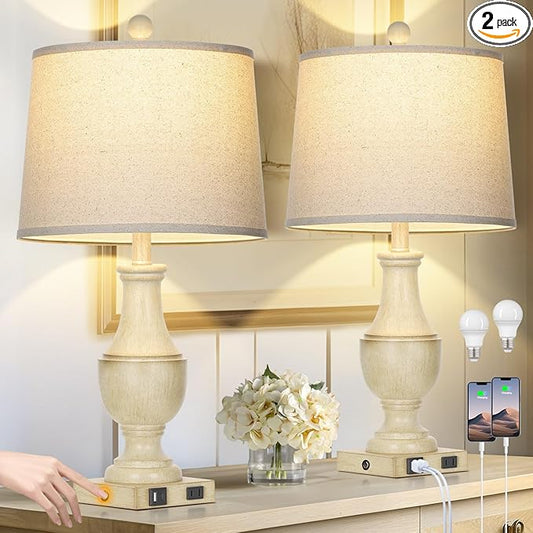 Farmhouse Lamps Set of 2, Vintage Rustic 3-Way Dimmable Touch Control Table Lamp with USB A+C Charging Ports & AC Outlet, Retro Resin Bedside Lamp Linen Shade for Bedroom Office Antique White