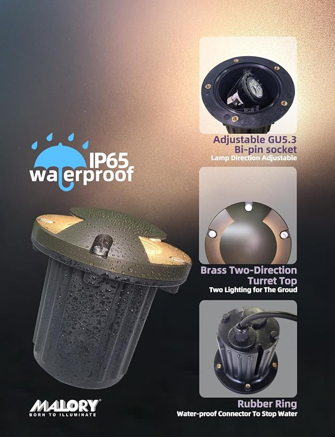 MALORY Brass Top Cover Landscape Well Lights,(5''H) 12V Low Voltage Outdoor In Ground Lights,Landscape Lighting for Pathway, Driveway and Garden (Two-Direction Turret, 1-Pack with Bulb)