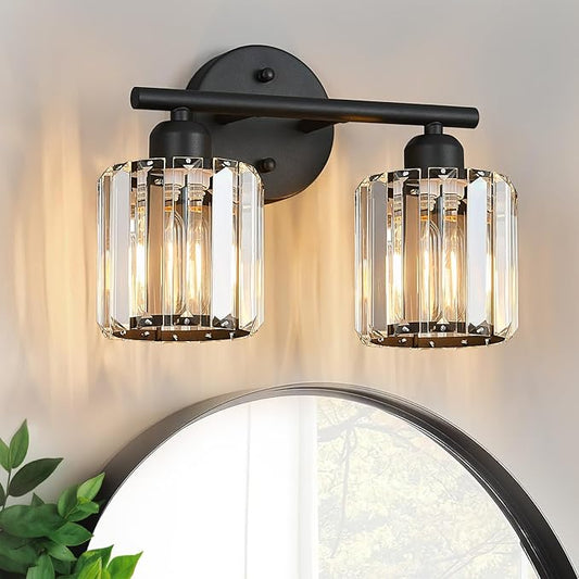 Modern 2 Light Crystal Vanity Light, Black Vertical Bathroom Light Fixture Over Mirror for Dressing Table Sink, Compatible with Dimmable Bulbs (Bulbs Not Included)