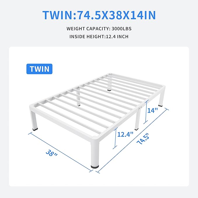 MAF 14 Inch Twin Metal Platform Bed Frame White with Round Corner Legs, 3000 LBS Heavy Duty Steel Slats Support, Noise Free, No Box Spring Needed, Easy Assembly