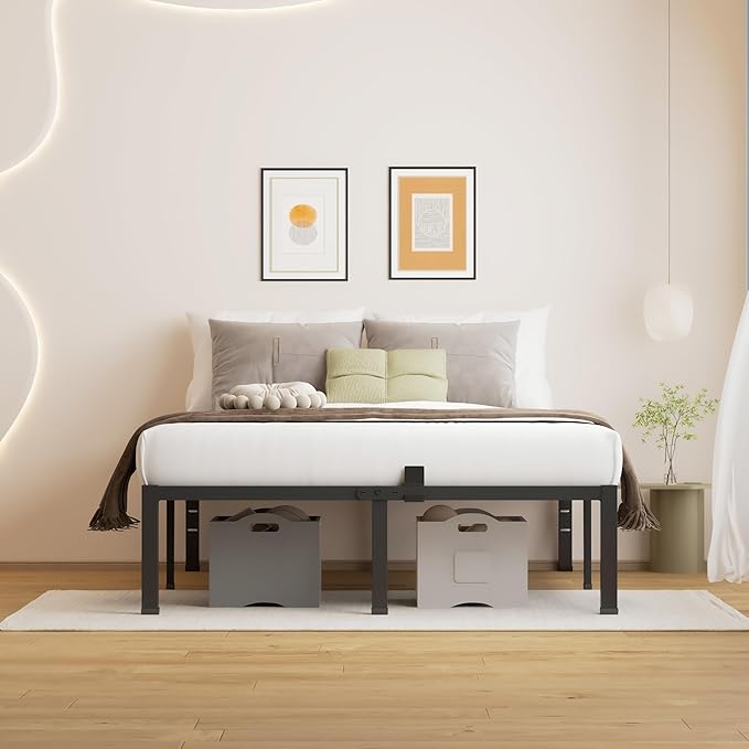 MAF 18 Inch King Size Bed Frame No Box Spring Needed Heavy Duty Platform King Bed Frame Steel Slat Support High Platform Bedframes with Storage Size Black Metal