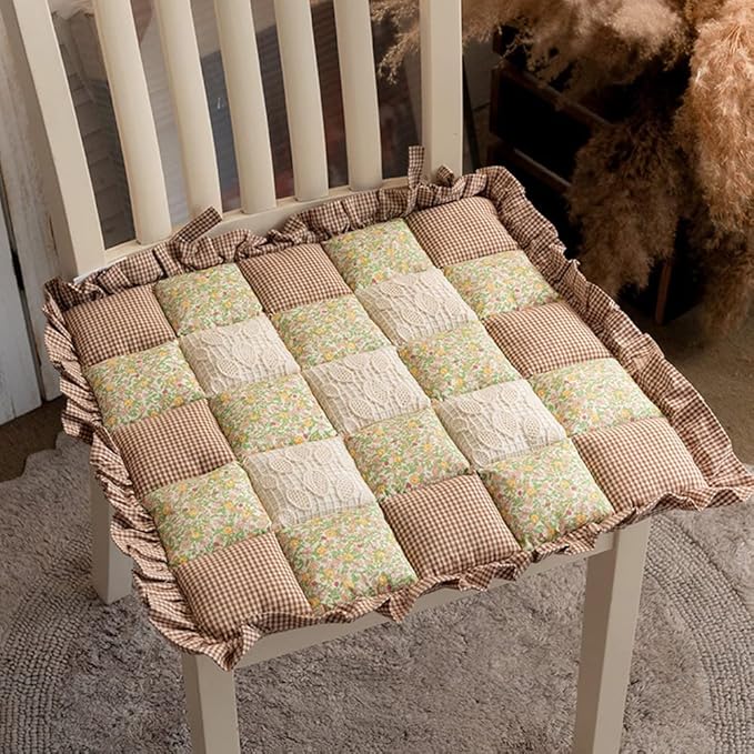 vctops Lace Patchwork Chair Pad Cushion with Ties, Elegant Ruffle Edge Decorative Cushions Farmhouse Floral Pattern Square Seat Cushion for Kitchen Dining Room Office (Type I,16"x16")