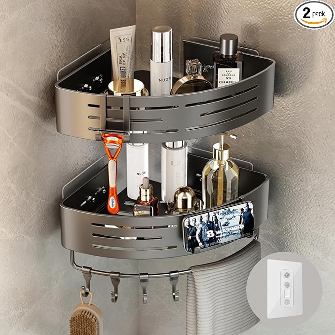 Voldra Adhesive Corner Shower Caddy, 2 Pack Corner Shower Shelves for Inside Shower No Drilling, Aluminum Stick On Showers Organizer Corner with Towel Bar & Hooks Removable Bathroom Storage Rack(Gray)