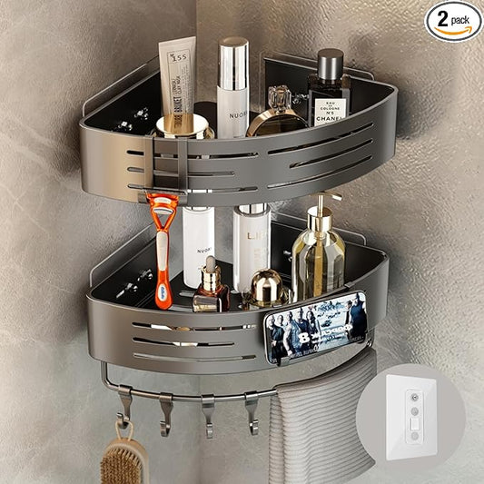 Voldra Adhesive Corner Shower Caddy, 2 Pack Corner Shower Shelves for Inside Shower No Drilling, Aluminum Stick On Showers Organizer Corner with Towel Bar & Hooks Removable Bathroom Storage Rack(Gray)