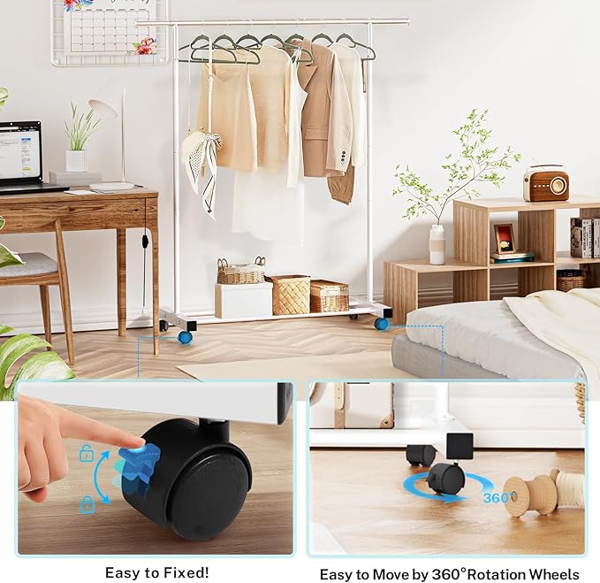 Clothing Rack, 55.51 Inch Heavy Duty Clothes Rack Rolling Garment Rack with Wheels and Bottom Shelf, 130LB Capacity Clothes Racks for Hanging Clothes, Coats, Shirts, Sweaters, Skirts, White