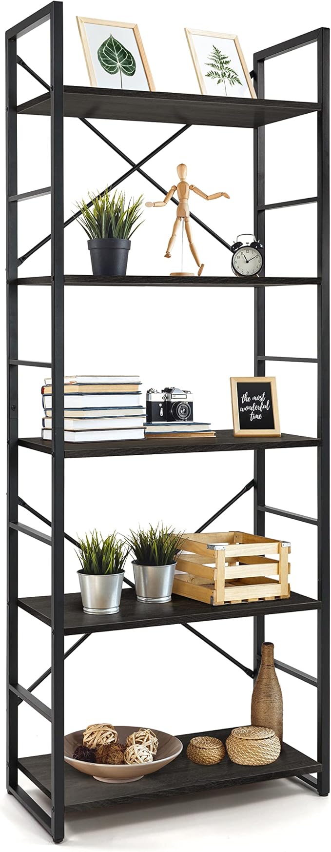 CAPHAUS 5 Tier Bookshelf, 24 Inch Width Free Standing Shelf, Bookcase Shelf Storage Organizer, Industrial Book Shelves for Home Office, Living Room, Kitchen, Black Vintage Shelves & Metal Frame