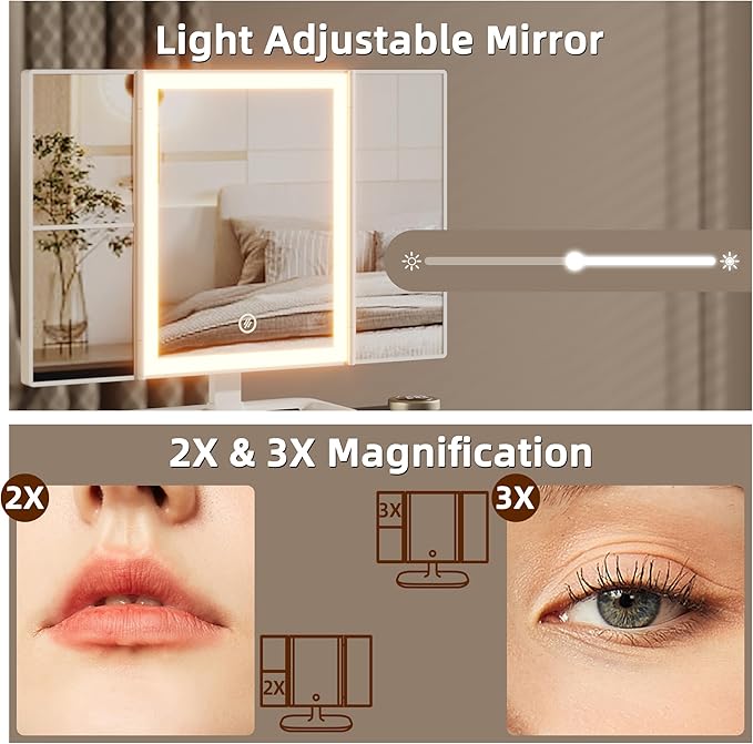 Small Makeup Vanity Desk 27.5''W with Mirror and Lights, Vanity Desk with 3 Fabric Drawers and Height-Adjustable Stand, Vanity Table for Girls Gifts, Bedroom and Small Spaces, Black