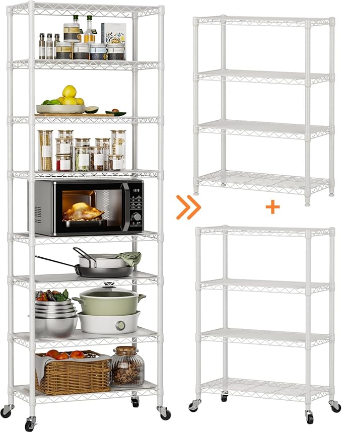8 Tier Shelves Storage Shelf Wire Closet Bathroom Organizers Metal Pantry Kitchen Garage Shelving Unit Laundry Room Organization Home Rack Net Basket Black with Wheels 12”D X 22”W X 74.2”H