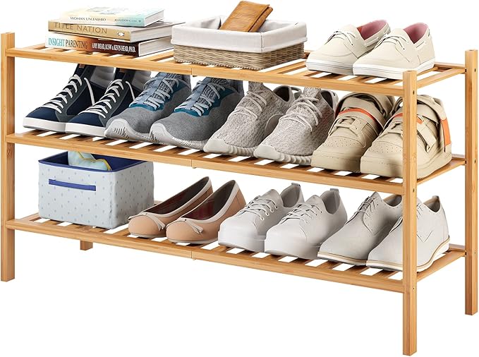Long Shoe Rack, 3-Tier Bamboo Stackable Shoe Shelf Storage Organizer, Shoe Stand for Closet, Entryway and Hallway