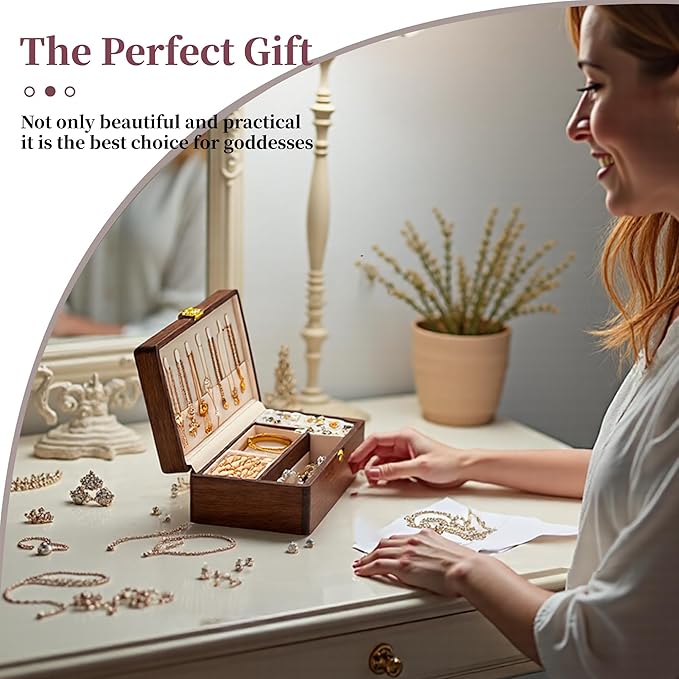 Wooden Jewelry Box For Women Jewelry Organizer Box With Lock 2 Layer Jewelry Holder Organizer For Necklace Ring Earring