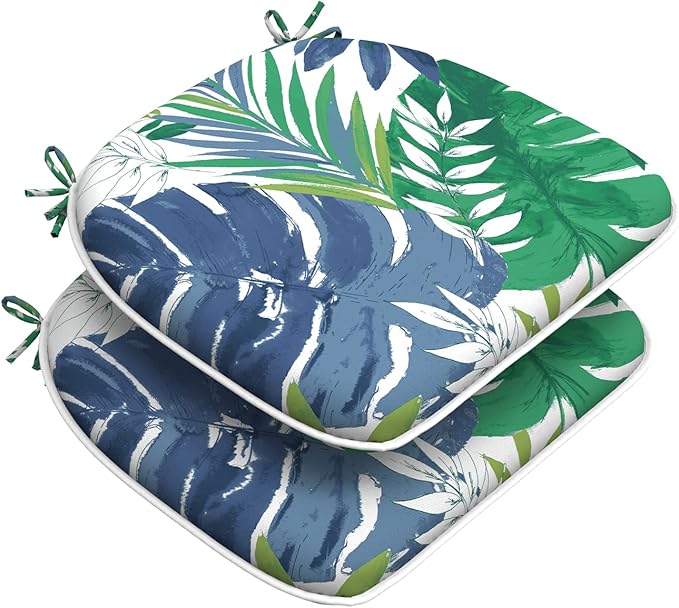 Set of 2 Outdoor Chair Cushions with Ties,Water Repellent Patio Chair Pads 17"x 16" for Outdoor Furniture,Round Corner Seat Cushions for Garden Yard Kitchen Islamorada Blue Green