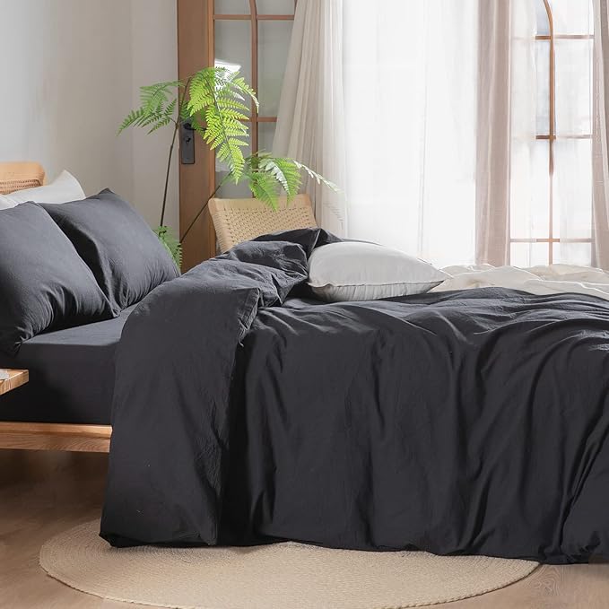 BESTOUCH Duvet Cover Set 100% Washed Cotton Linen Feel Super Soft Comfortable Chic Lightweight 3 PCs Home Bedding Set Solid Deep Black Oversized King