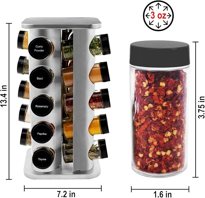 Orii 20 Jar Spice Rack with Spices Included - Revolving Tower Organizer for Kitchen Spices and Seasonings, (Stainless Steel)