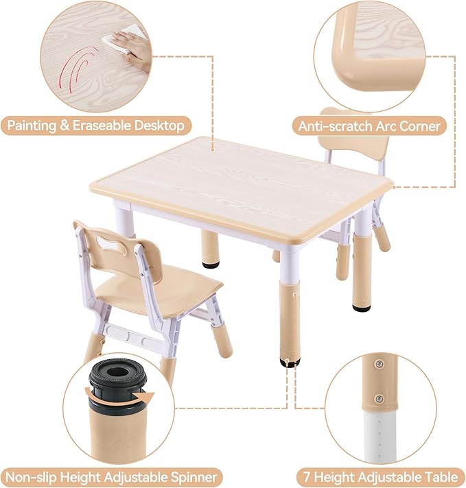 Kids Table and 2 Chairs Set, Height-Adjustable Toddler Table and Chair Set with Graffiti Desktop, 31.5''L x 23.6''W Children Activity Table for Daycare, Classroom, Home