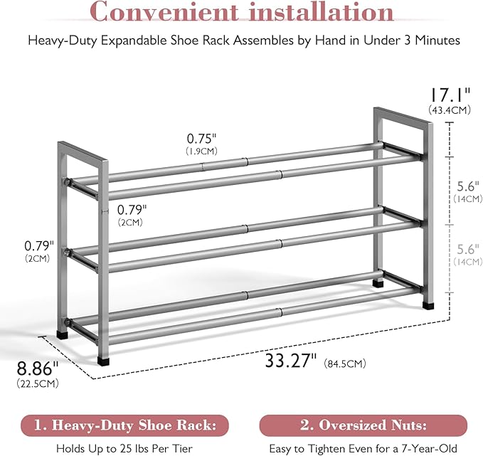 Bumusty 3-Tier Expandable Shoe Rack for Closet, 18“-33” Adjustable Shoe Rack for Small Space, Small Shoe Organizer for Front Door, Sturdy Metal, Light Grey