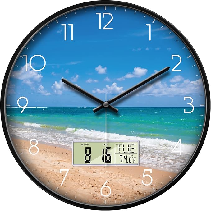 Modern Wall Clocks with Calendar and Date Ocean Wave Sea Beach Digital Clock Large Display Non-Ticking Kitchen Silent Clock with Day and Temperature for Elderly Farmhouse Living Room Bathroom 14 Inch
