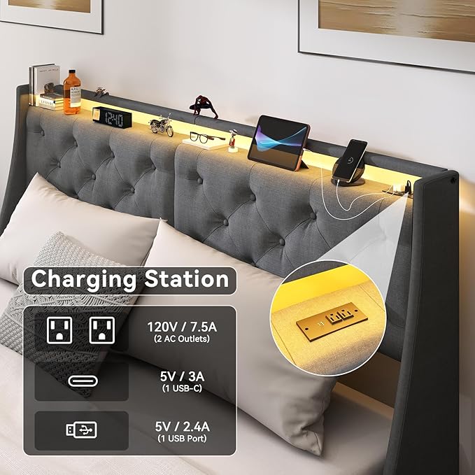 SADENICEL King Size Bed Frame with Storage Headboard, Metal Platform Bed Frame King with 4 Drawer, LED Light, Charging Station, No Box Spring Needed, Noise Free, Easy Assembly, Grey