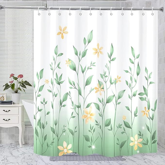 Eucalyptus Shower Curtain, Ombre Floral Leaves Plant Washable Fabric Bath Decor with 12 Hooks 72x72 inches, Mint Green