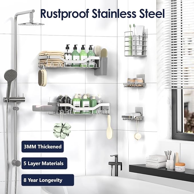 Shower Caddy Adhesive Shower Organizer 7-Pack, Rustproof Stainless Steel Bathroom Shelves, Large Capacity No-Drill Rack Storage Accessories with Soap Dish Toothbrush Holder Hooks (Silver)