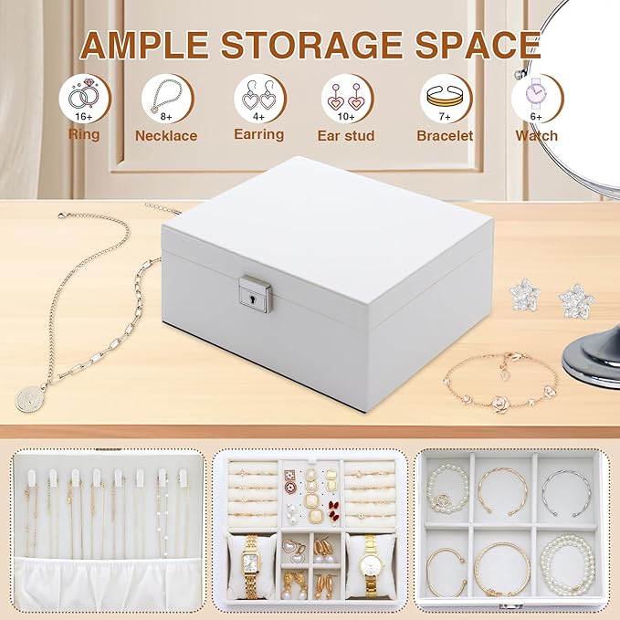 Jewelry Organizer Box for Girls Women,Large Genuine Leather Jewelry Organizers and Storage with Earring Holder Organizer Removable Velvet Jewelry Tray,Christmas Gifts Jewelry Box for Girls 8-12,White