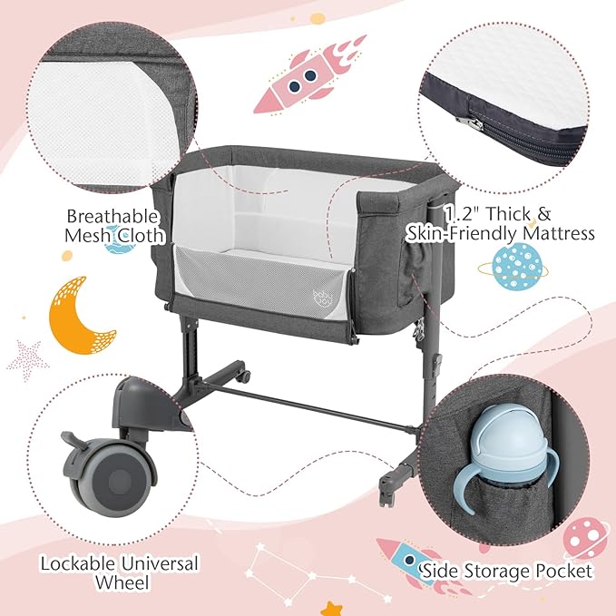 BABY JOY Bassinet Bedside Sleeper, 3 in 1 Folding Crib w/Adjustable Height, Mattress, Lockable Wheels, Storage Pocket & Carry Bag for Infant Newborn, Stationary & Rock, Portable Baby Bassinet (Grey)