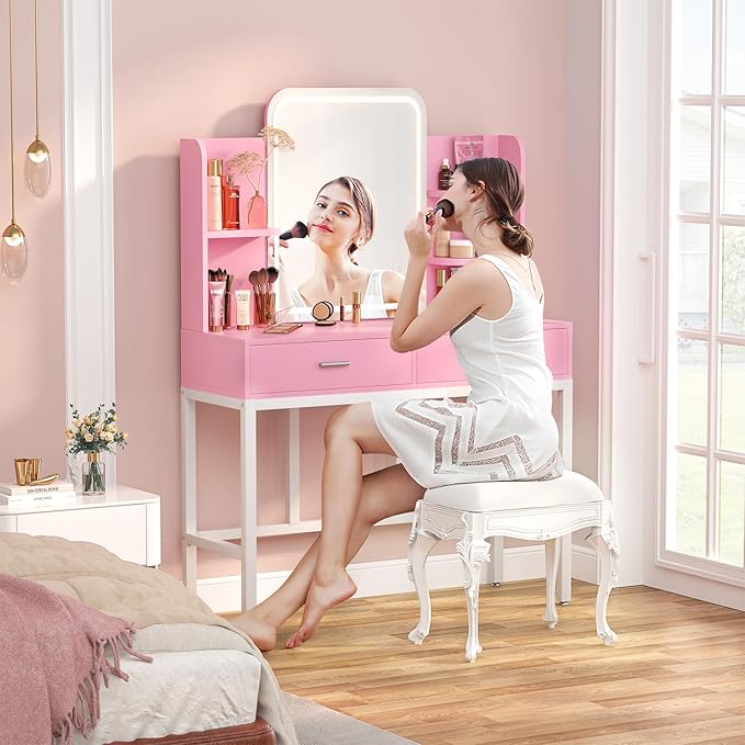 Armocity Vanity Desk with Mirror and Lights, Makeup Vanity with 2 Storage Drawers, Makeup Desk with 3 Color Lighting Options, Modern Dressing Table with Storage Shelf for Bedroom, Pink