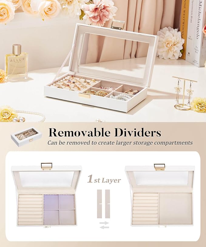 Homde Jewelry Tray Stackable Jewelry Box with Glass Lid, Removable Dividers for Vanity Table Gift Idea for Girls and Women (White)