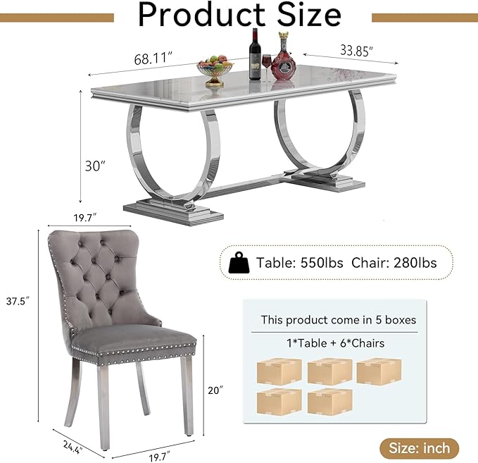 Goujxcy 68" Faux Marble Dining Table Set for 6, 7-Piece Dining Set with White Silver Kitchen Table and 6 Velvet Tufted Chairs, Modern Marble Dining Room Table with O-Shape Stainless Steel Base