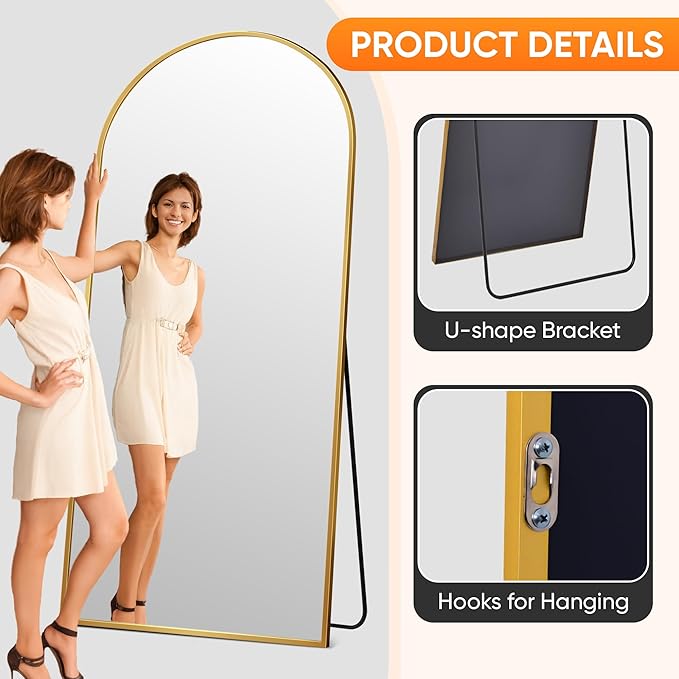 Suidia Full Length Mirror, 71"x26" Floor Standing Mirror Freestanding, Full Body Mirrors with Stand for Bedroom, Hanging Mounted for Living Room Cloakroom, Gold, Arched Style