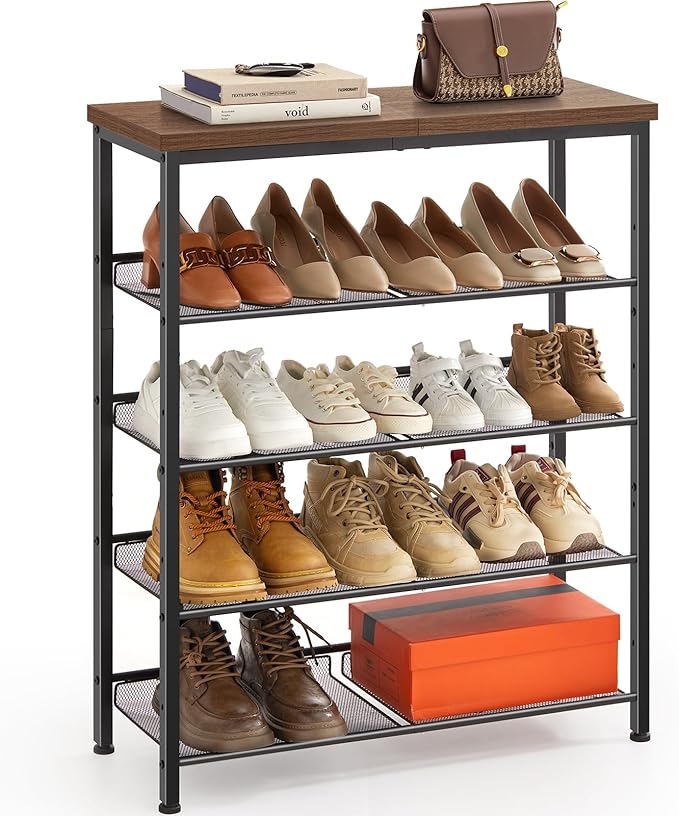 Pipishell 5-Tier Shoe Rack for Entryway and Small Spaces with Wooden Top & Metal Frames, Shoe Storage Organizer with Adjustable Storage Shelves, PISRB4