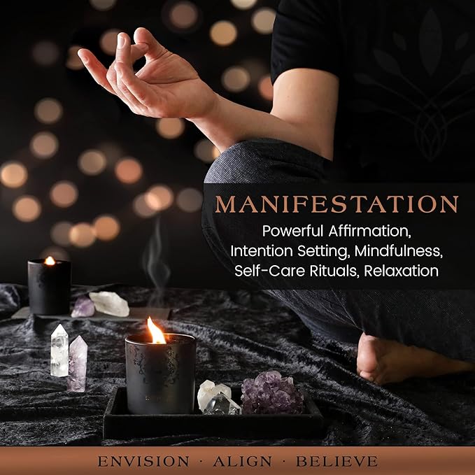 Scented Candle, Wood Wick, 7.4 Oz, Black - Luxurious, Powerful Manifestation Crystal Candle - Hand Poured with Natural Soy, Coconut and Beeswax - Essential Oils and Exotic Fragrance