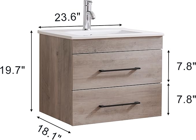 Goujxcy 24" Wall Mounted Bathroom Vanity with Sink, Modern Floating Bathroom Cabinet with Ceramic Sink & Double Drawers, Wood Hanging Bath Room Cabinet with Soft-Close System (Grey)