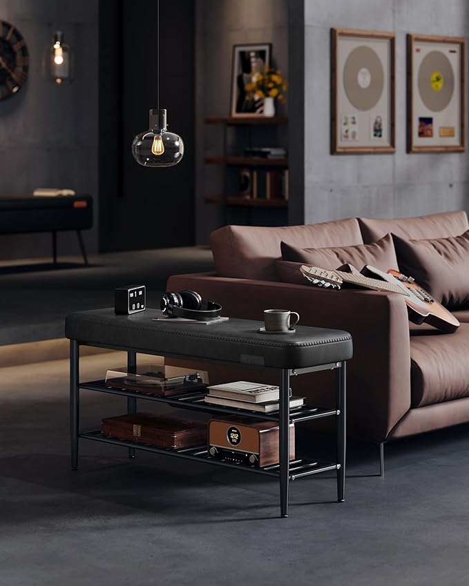 VASAGLE EKHO Collection - Shoe Rack Bench, Storage Bench for Entryway, Synthetic Leather with Stitching, Mid-Century Modern, Loads 300 lb, 11.8 x 39.4 x 19.7 Inches, Ink Black ULSB113B01