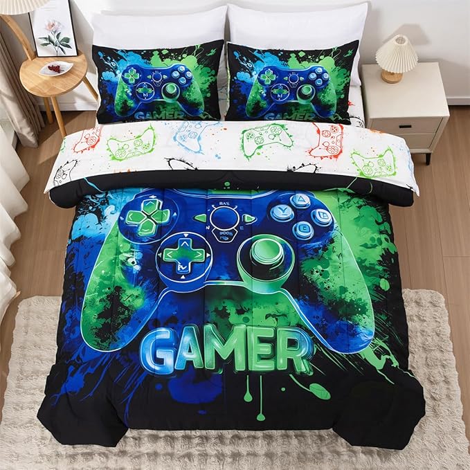 NTBED Game Console Comforter Set for Boys Girls Kids Tie Dye GamingLightweight Microfiber Gamer Bedding Sets (Blue Green, Full 5Pcs)