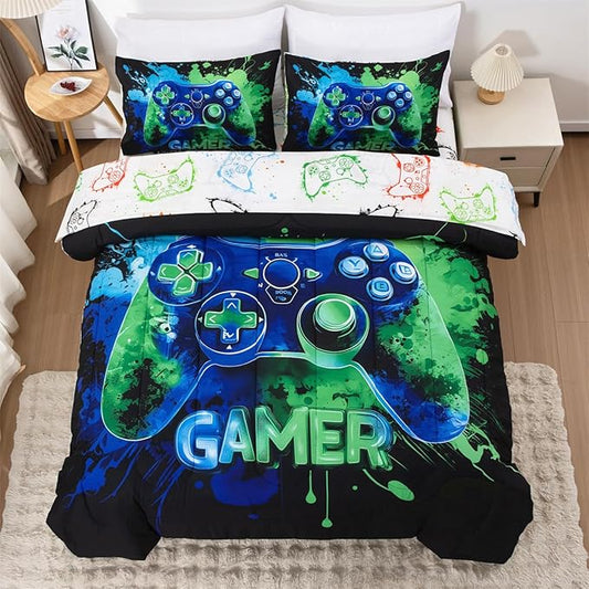 NTBED Game Console Comforter Set for Boys Girls Kids Tie Dye GamingLightweight Microfiber Gamer Bedding Sets (Blue Green, Full 5Pcs)