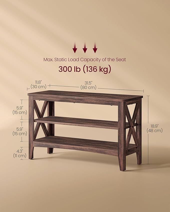 VASAGLE, Entryway Storage Bench, 2-Tier Shoe Rack, 11.8 x 31.5 x 18.9 Inches, Holds up to 300 lb, Farmhouse Style, for Living Room, Bedroom, Maroon Brown ULSB053K51