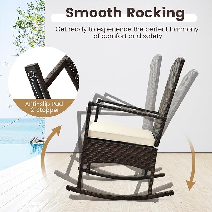 Tangkula 3 Pieces Rocking Wicker Bistro Set, Outdoor Front Porch Rocker Chairs Conversation Set with 2-Tier Tempered Glass Coffee Table and Thick Cushions for Garden, Balcony, Poolside (Off White)