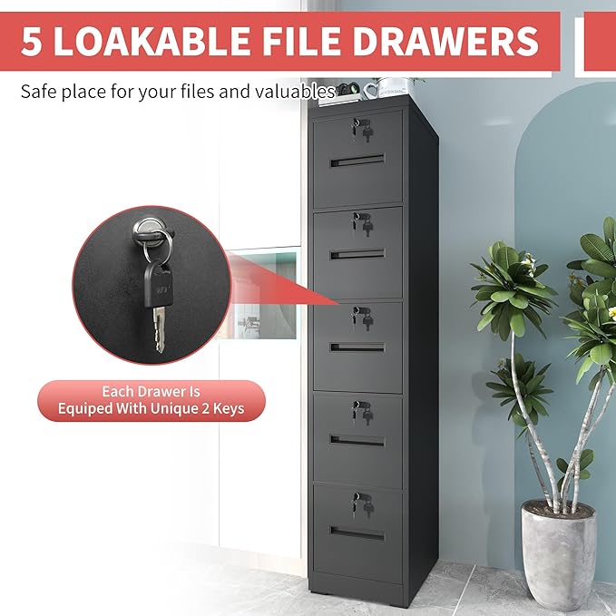 5 Drawer Metal File Cabinet with 5 Unique Locks Heavy Duty Locking File Cabinets Home Office Steel Filing Cabinet Vertical File Cabinets for Legal/Letter Size File,Assembly Required