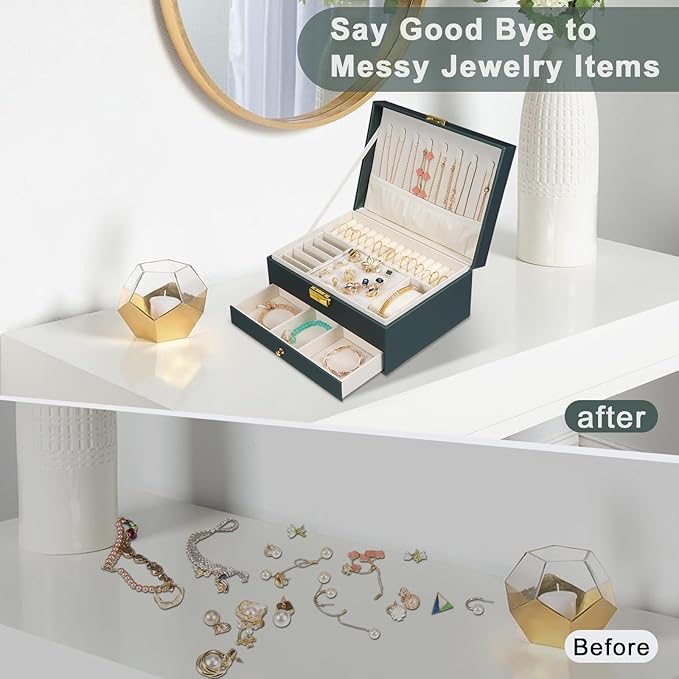 Jewelry Box for Women Girl Wife - Large PU Leather Jewelry Organizer Storage Case with Two Layers Display for Earrings Bracelets Rings Watches (Hunter Green)