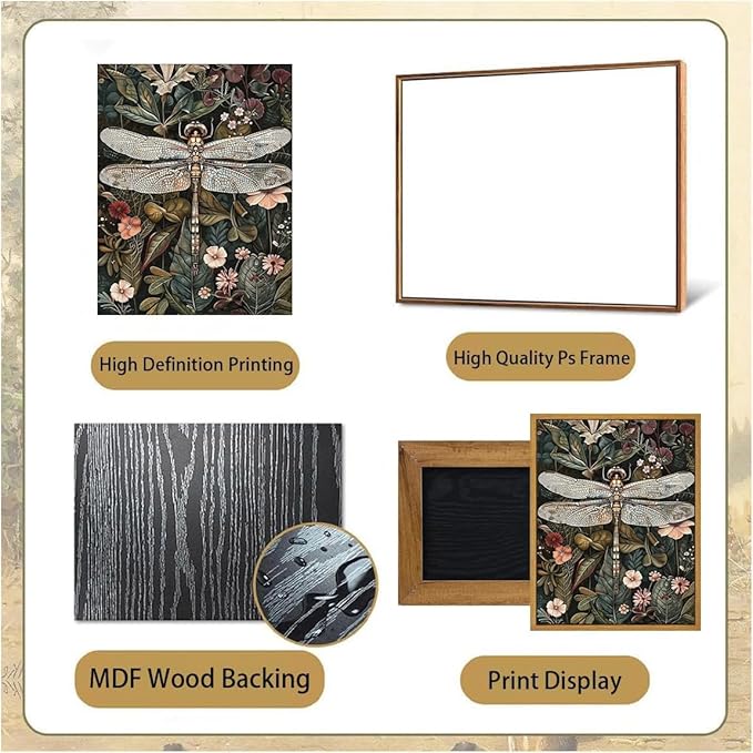 Djmwtb Vintage Framed Wall Art Dragonfly Canvas Wall Art Prints Green Botanical Painting Boho Nature Flower Pictures Artwork for Living Room Bedroom Bathroom Office 12x16in